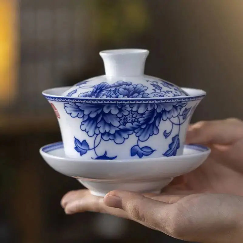 Blue and White Porcelain Gaiwan Tea Cup Large White Porcelain Ningxia Eight Treasures Tea Bowl Set Three Talents Tea Bowl Tea