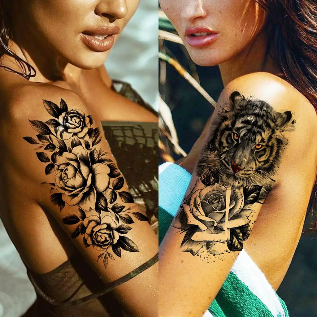 67 Sheets Black Realistic Flower Temporary Tattoos For Women Arm Thigh, 3D Rose Peony Floral Temp Tattoo Stickers Tiger Moon,