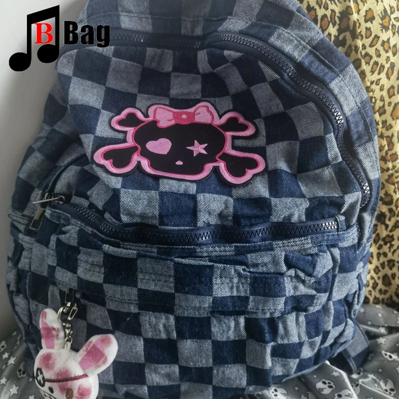 Harajuku Women Girl Cute Little skull Lattice Shoulder Bags Backpack Students Large Capacity Backpacks book bag Computer Handbag