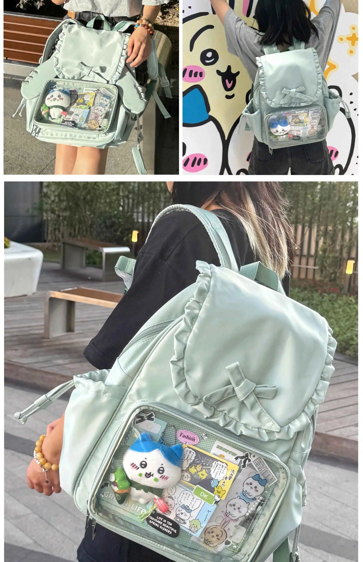 Original Two-dimensional Cute Transparent Large-capacity Backpack Women Sweet Bow Rabbit Ears Bags Preppy Style Kawaii Backpacks