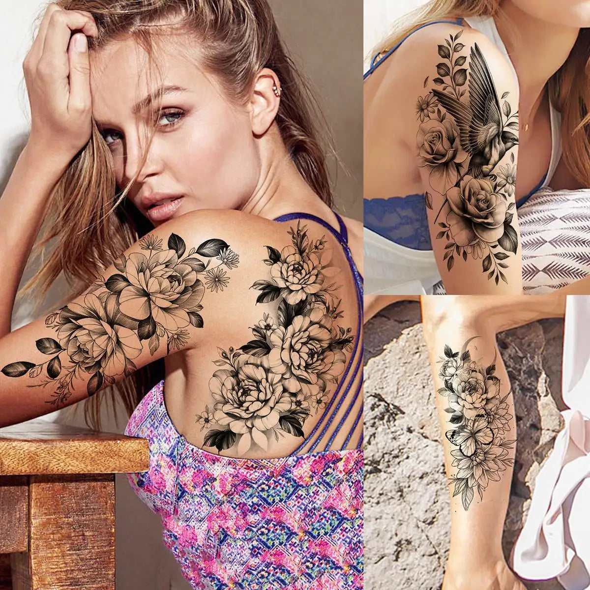 67 Sheets Black Realistic Flower Temporary Tattoos For Women Arm Thigh, 3D Rose Peony Floral Temp Tattoo Stickers Tiger Moon,