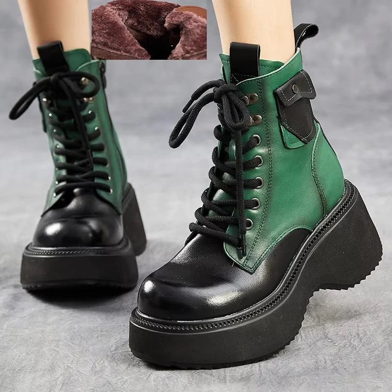 GKTINOO Platform High Heel Boots Genuine Leather 2026 Winter Thick Soled Mixed Colors Round Toe Women Plush Short Boots