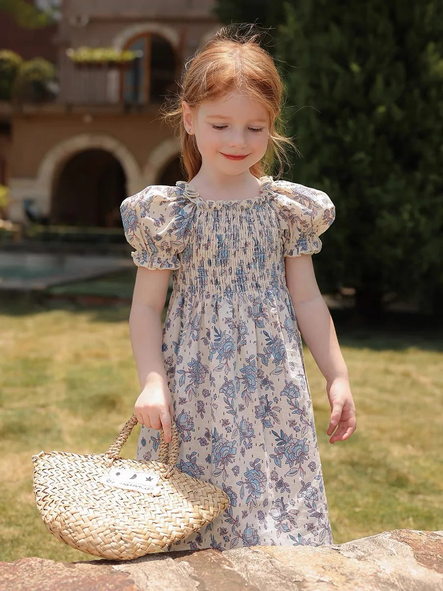 Toddler Girls Floral Princess Dress Little Girl Cotton Short Sleeve Blue Flowers Party Dress Summer Casual Dresses Kids Clothes