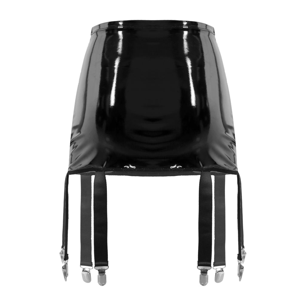 Sexy Damen Wetlook PVC Leder Rüschenröcke Party Low Waist Eingebaute Strings Minirock mit Strumpfhalter Metallclips Set Club