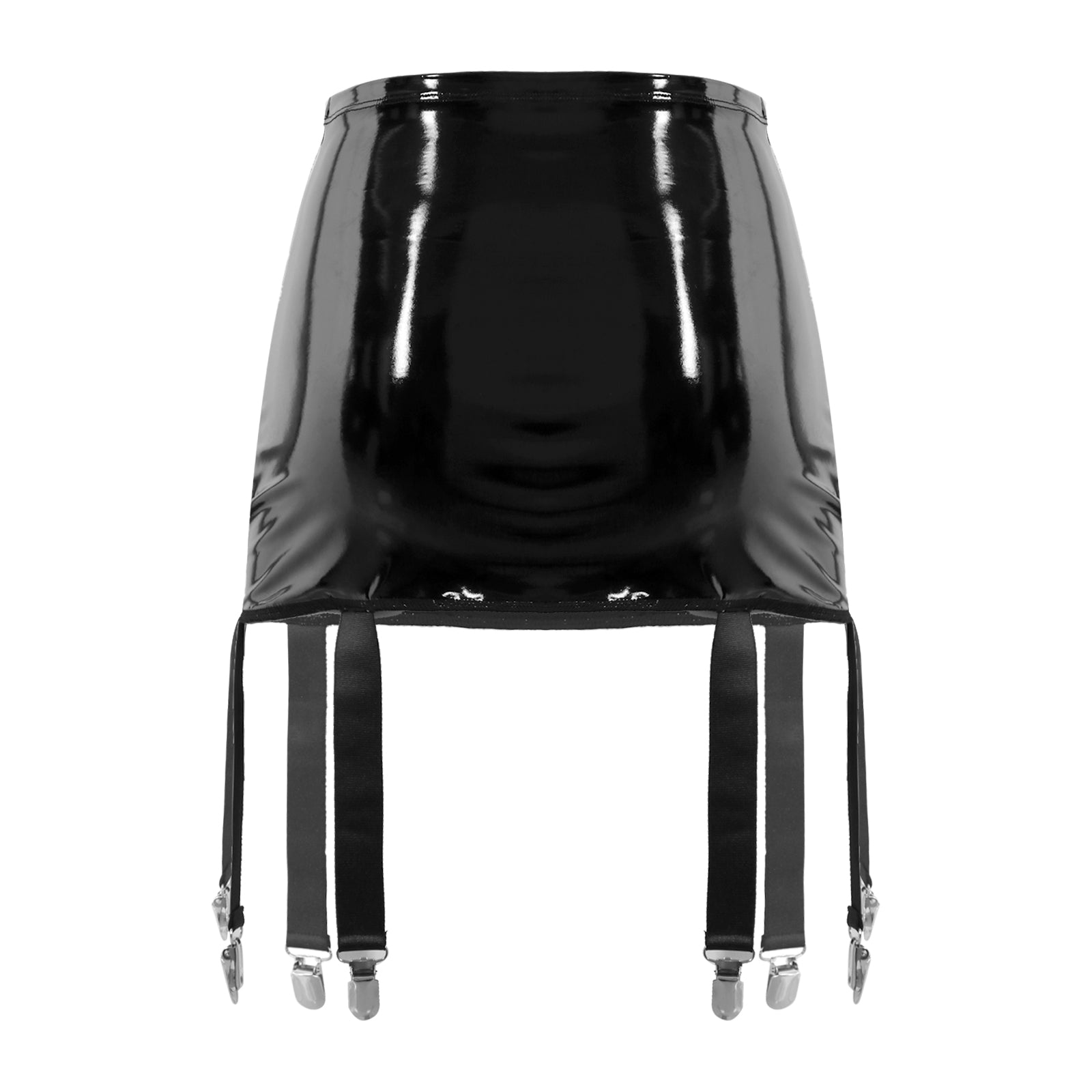 Sexy Damen Wetlook PVC Leder Rüschenröcke Party Low Waist Eingebaute Strings Minirock mit Strumpfhalter Metallclips Set Club