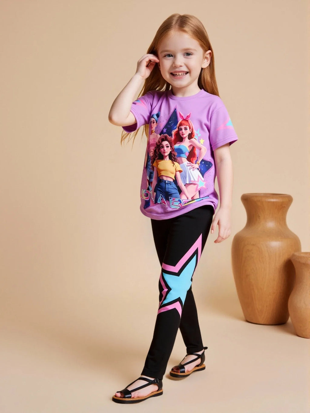 Conjunto de dos piezas de moda para niñas primavera/verano, camiseta de cuello redondo con estampado 3D de K-Pop dibujos animados anime, conjunto de pantalones ajustados