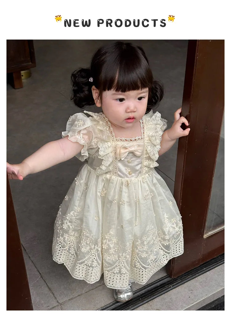 Girls' French Lolita Princess Dress, New Summer Style One-Year-Old Dress, White Cute Little Girl's Beautiful Short-Sleeved Dress