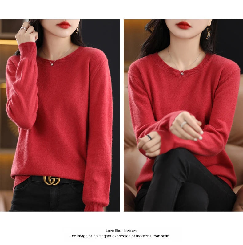 Women 100% Merino Wool Sweater O-Neck Long Sleeve Cashmere Knitwear Pullover Aliselect Fashion Autumn Winter Clothing Tops