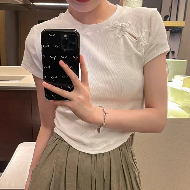 Chinese Style Summer T-shirts Women Crop Tops O-neck Gentle Buttons Soft Irregular Designed Short-sleeve Chic Pure College Retro