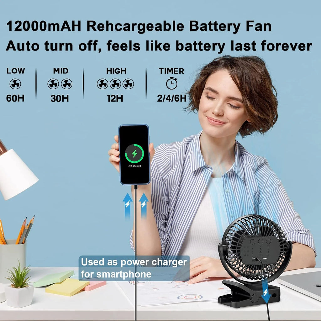 Remote Control Mini Desk Fan USB Rechargeable 12000mAh Large Battery Portable Outdoor Camping Clip Fan with LED Night Light