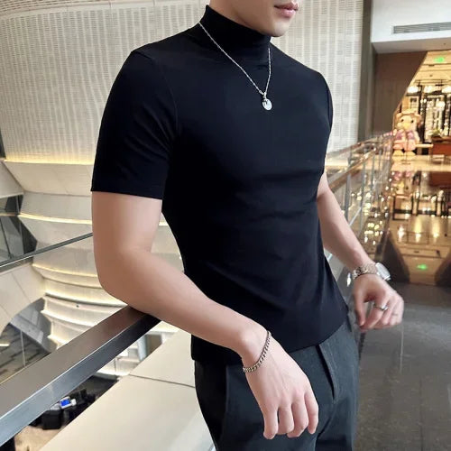 Spring Summer Men's Half High Neck Short Sleeve T-shirt Korean Slim Fit Solid Color Bottom Shirt Casual Cotton Elastic T-shirts