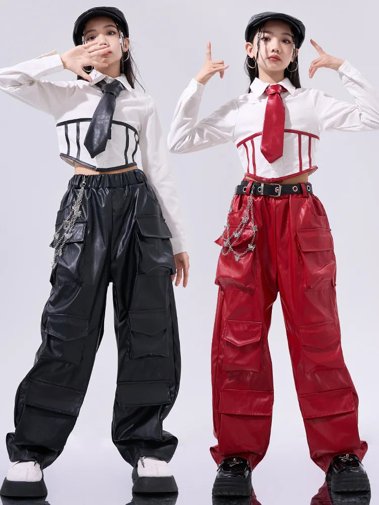 Girls Hip Hop Crop Top Pu Leather Cargo Pants Child School Uniform Costumes Kids Streetwear Jazz K-pop Street Dance Clothes Sets