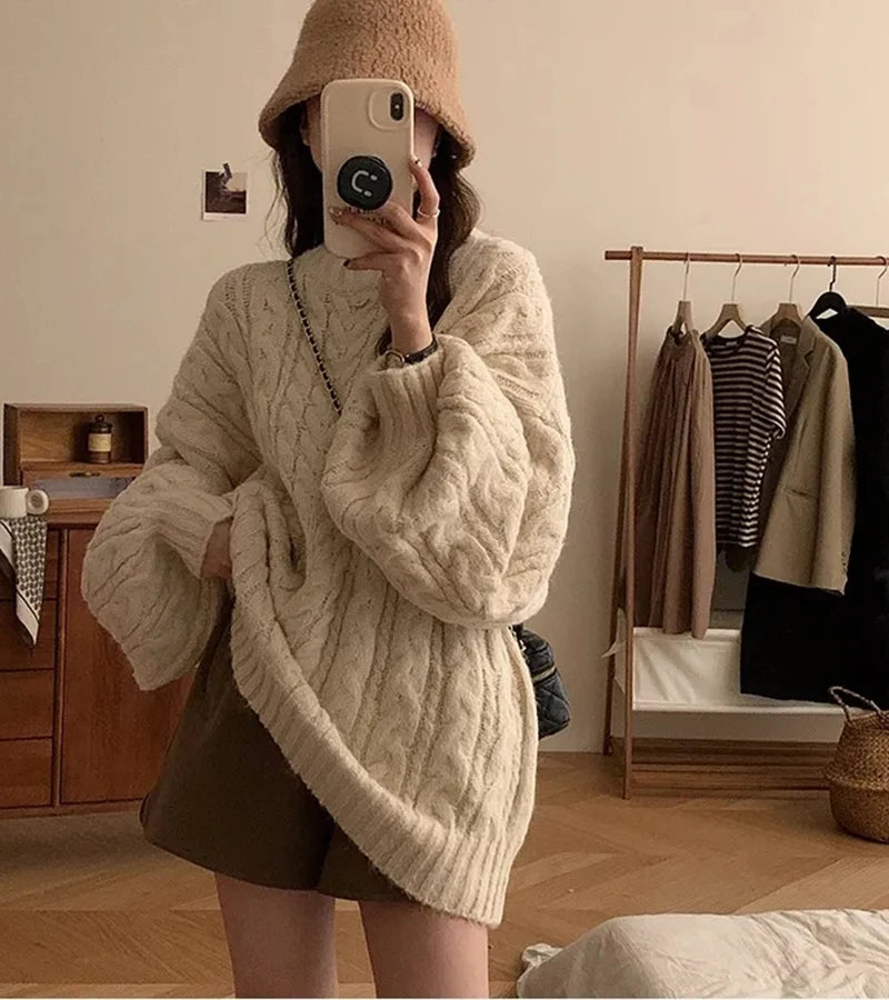 Autumn Winter Women Knit Sweater Korean Oversized Long Sleeve O Neck Pullover Fashion Solid Loose Preppy All Match Jumper Mujer