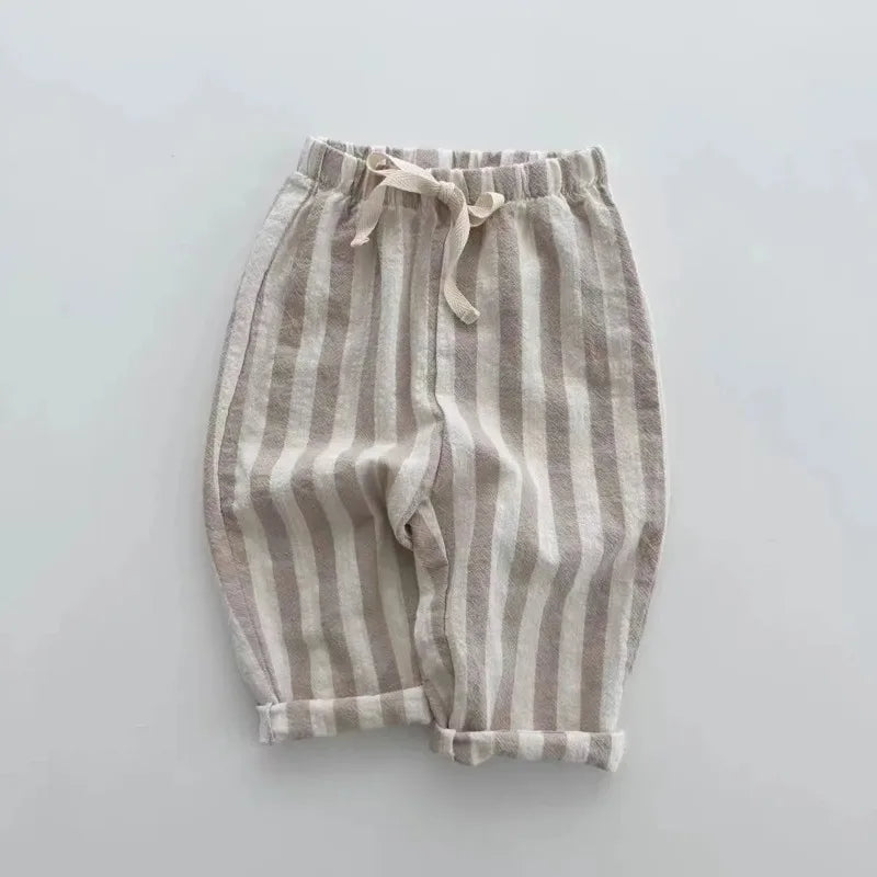 Vintage Linen Cotton Stripe Pants for Boys Casual Pocket Design Elastics Waist Pants for Toddler Girl Clothing Children Trousers