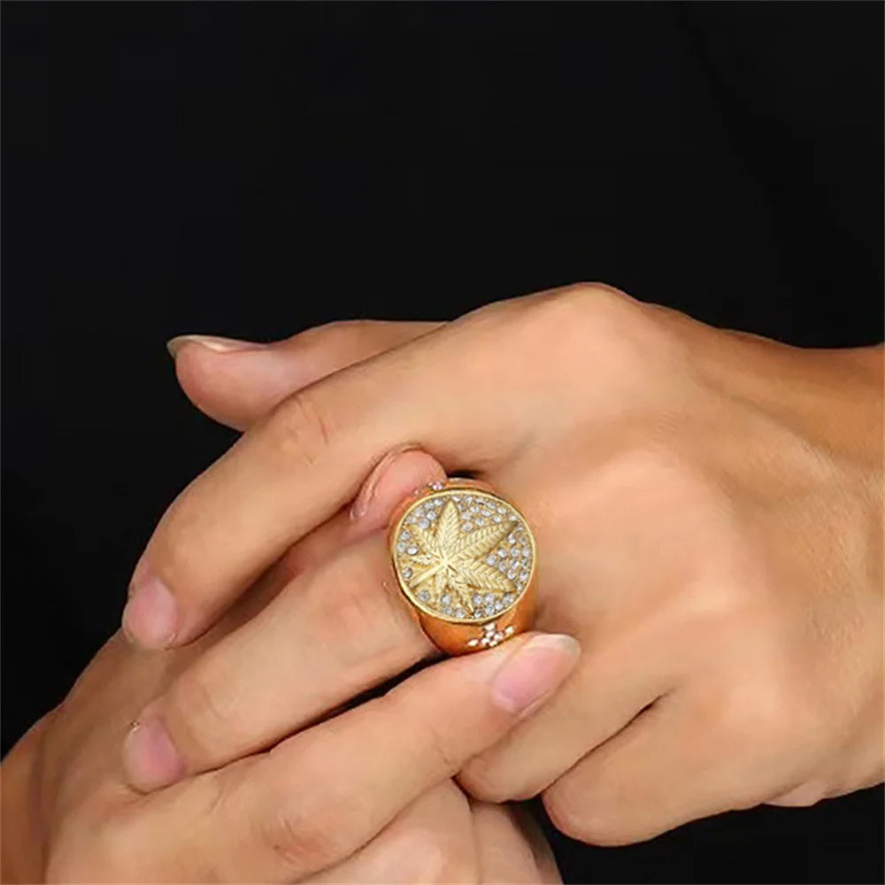 Hip Hop Iced Out Bling Hemp Leaf Ring Male Gold Color Stinless Steel Cubic Zirconia Rings For Men Fashion Party Jewelry Gift