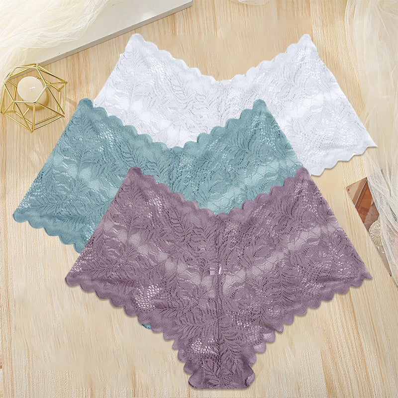 FINETOO 3PCS/Set Women Floral Lace Panties High Waist Briefs Sexy Lingerie Pantys S-XL Underpants Female Underwear Intimates