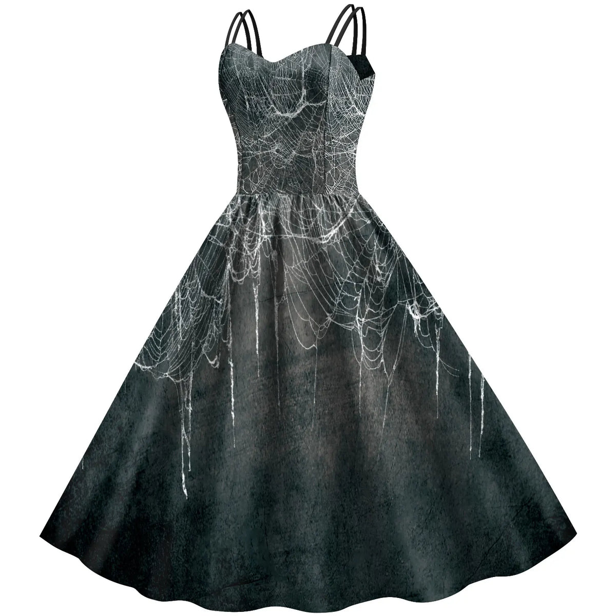 Halloween Gothic Costume Women Strap Swing Dress Skeleton Rib Heart Spiderweb Print Ladies Carnival Masquerade Outfits