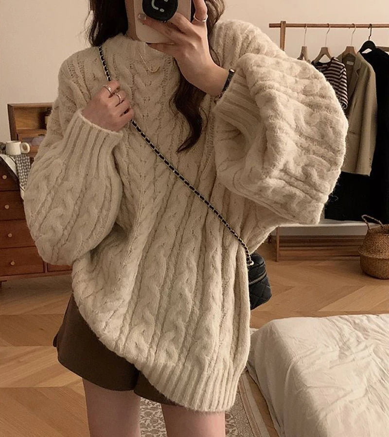 Autumn Winter Women Knit Sweater Korean Oversized Long Sleeve O Neck Pullover Fashion Solid Loose Preppy All Match Jumper Mujer