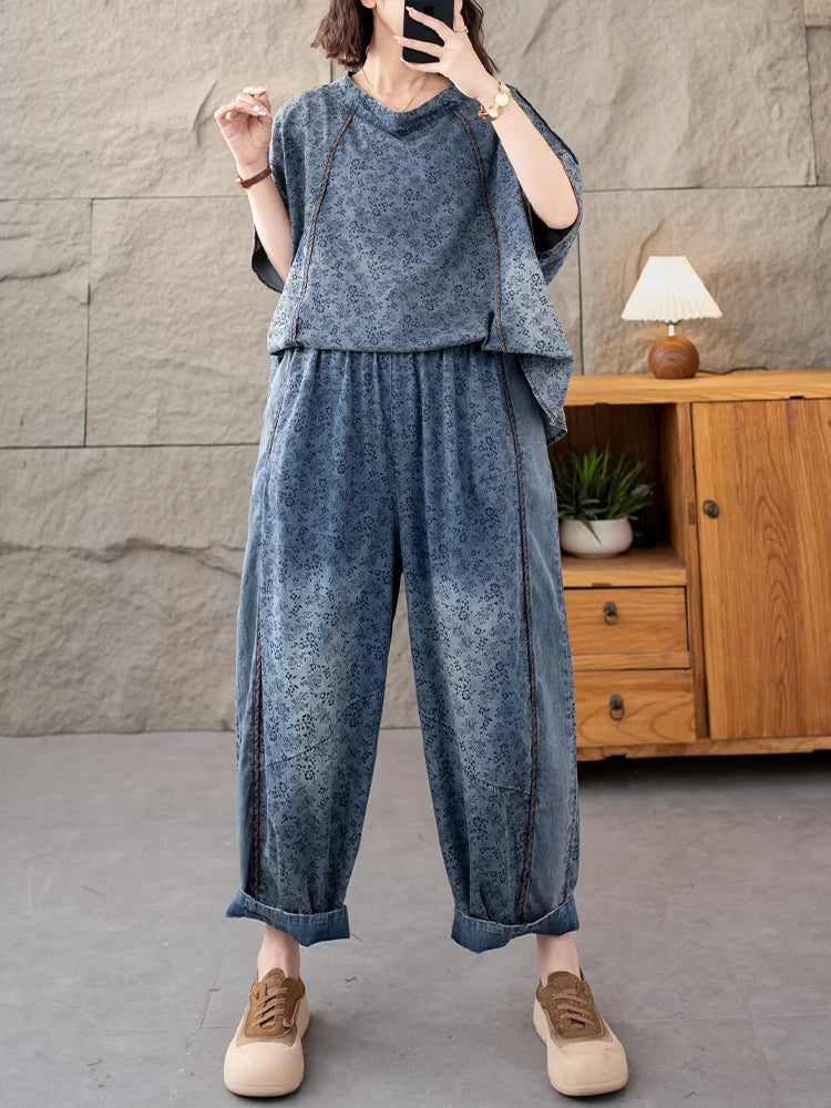 AmaxluluE 2025 Summer Women Denim Suits Loose Printed Two Pieces Sets Floral Outfit O Neck Tops Tees Vintage Jeans Fashion Pants