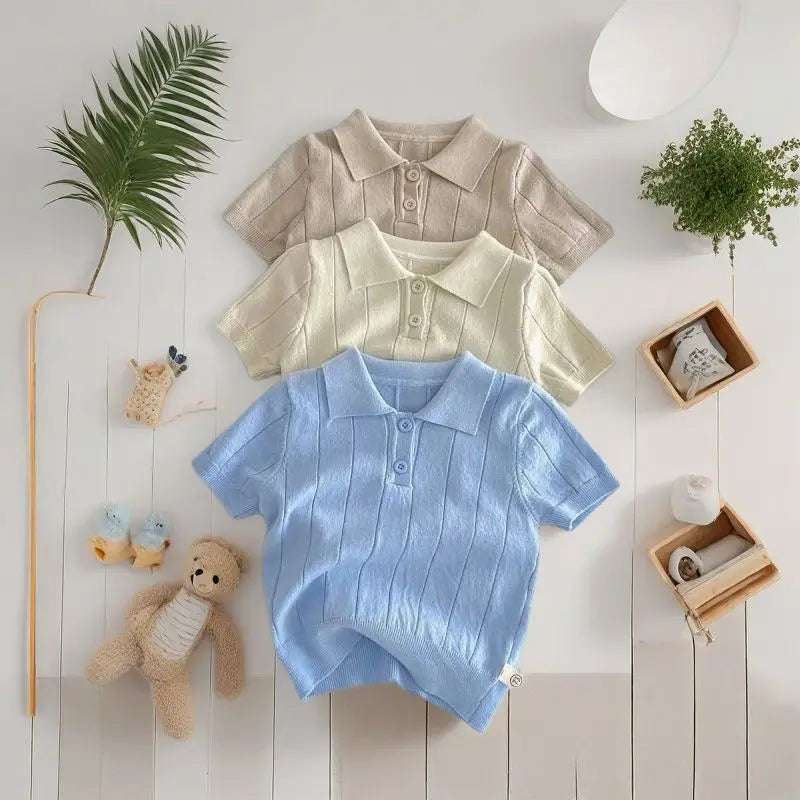Koreanische Baby-Kapuzen-Tops für Frühling/Sommer 2026, elastisch, mit Umlegekragen, Eisseide, gestrickt, kurzärmlig, dünn, für den Sommer