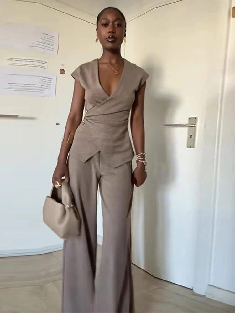Pin Double Breasted V-neck Top Pants Women's Set Sleeveless Top Wide Leg Mid Waist Trousers Spring Summer Commuting Office Suit