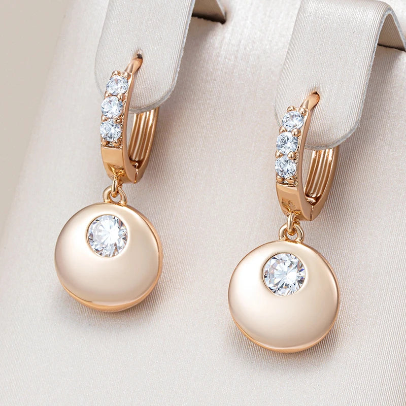 Kinel Fashion Simple Glossy Round Coin Dangle Earrings Women 585 Rose Gold Color With Natural Zircon Party Daily Fine Jewelry