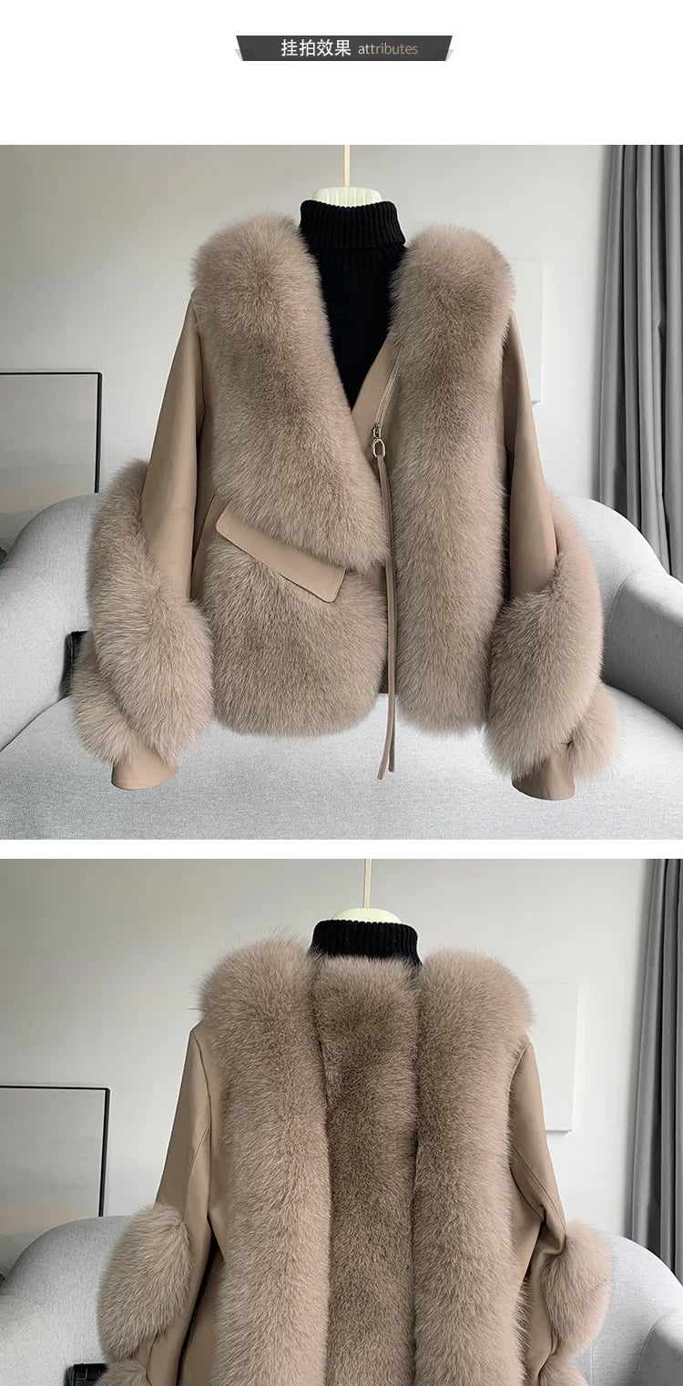 OFTBUY 2022 Real Fur Coat Winter Jacket Women Natural Fox Fur Genuine Leather Outerwear  Streetwear Locomotive Thick Warm New