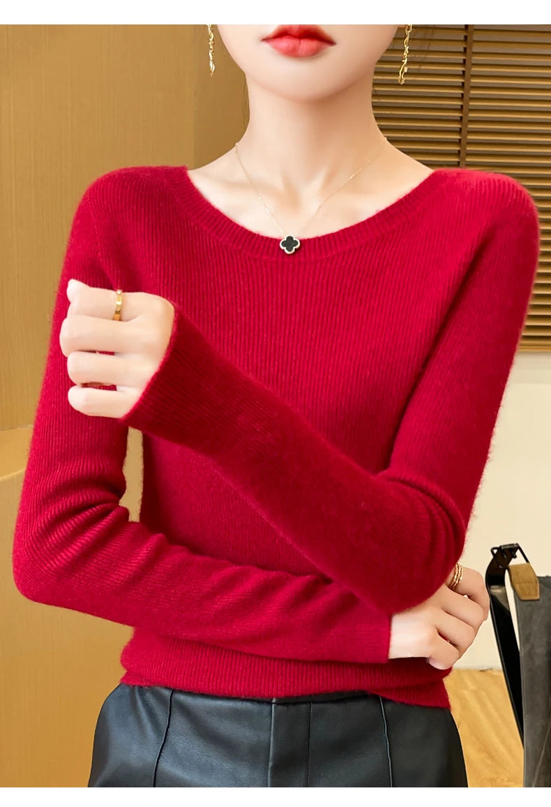 Early Fall New Crew-Neck Sweater Elegant High Elastic Simple Solid Color Thin Knit Crew-Neck Sweater Long Sleeve-GH458