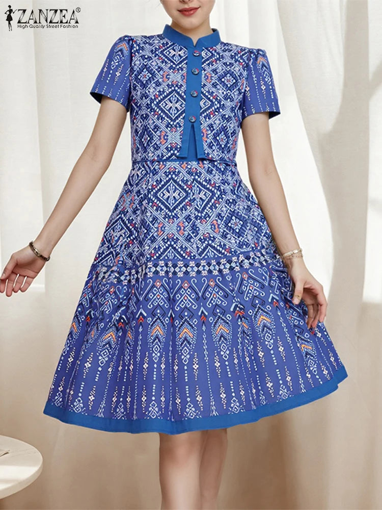 ZANZEA Vintage Geometric Print A-Line Dress Women Fake Two-Piece Stand Collar Short Sleeve Knee-Length Robes Holiday Vestidos