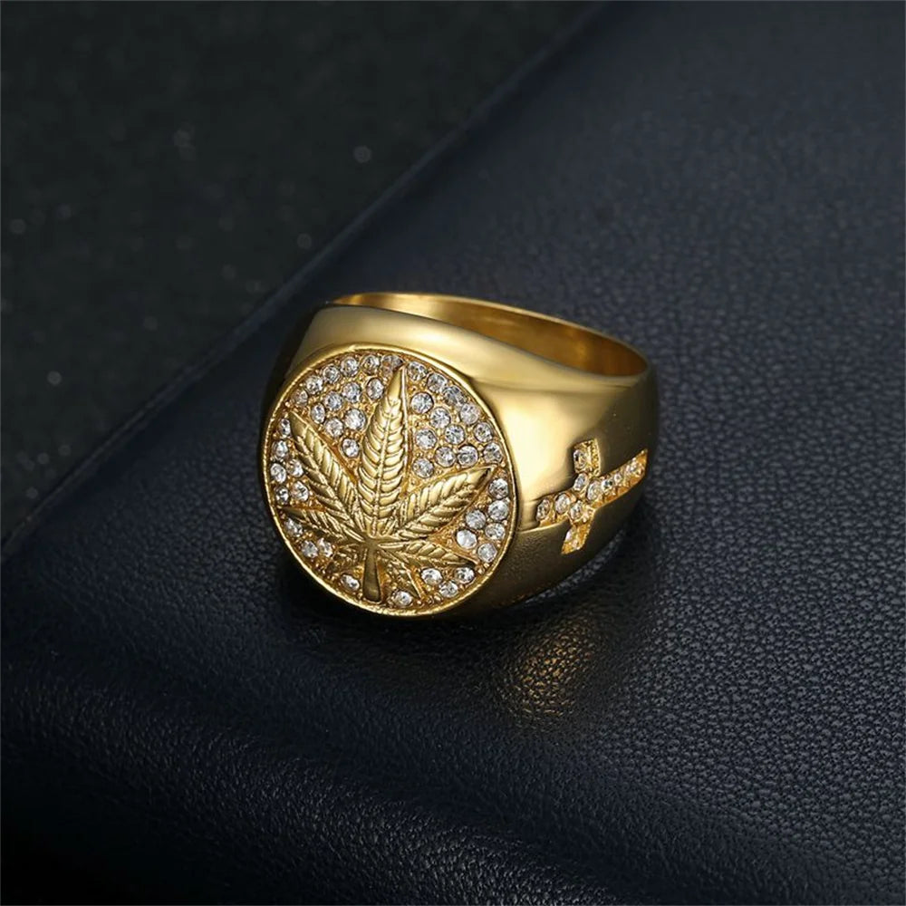 Hip Hop Iced Out Bling Hemp Leaf Ring Male Gold Color Stinless Steel Cubic Zirconia Rings For Men Fashion Party Jewelry Gift
