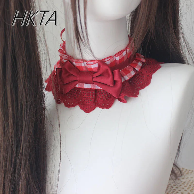 Lolita Sweet Plaid Bow Burgundy Hair Clip Hair Accessories Women Embroidery Lace Stitching Pleated Cake Top Hats Headgear Female