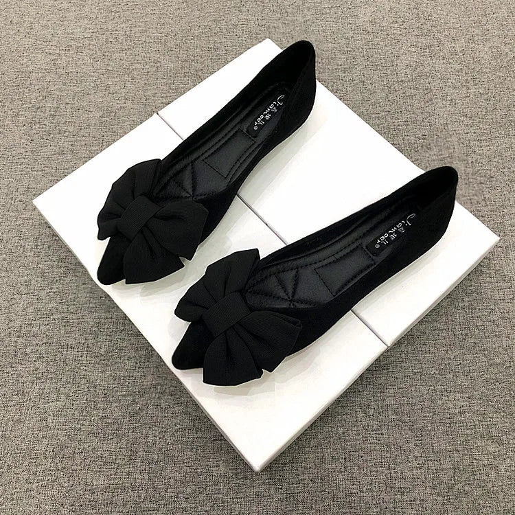 Women Flats Spring Summer Butterfly-knot Bow Velvet Flock Leather Flat Shoes for Women Black Red Apricot Zapatillas Mujer 44 45