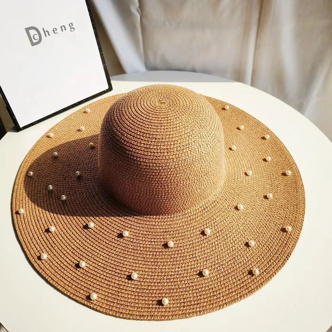Hand made Pearl Straw Hat For Women's Summer Wide side Jazz Dress Cap Holiday Sun Protection Beach Hats