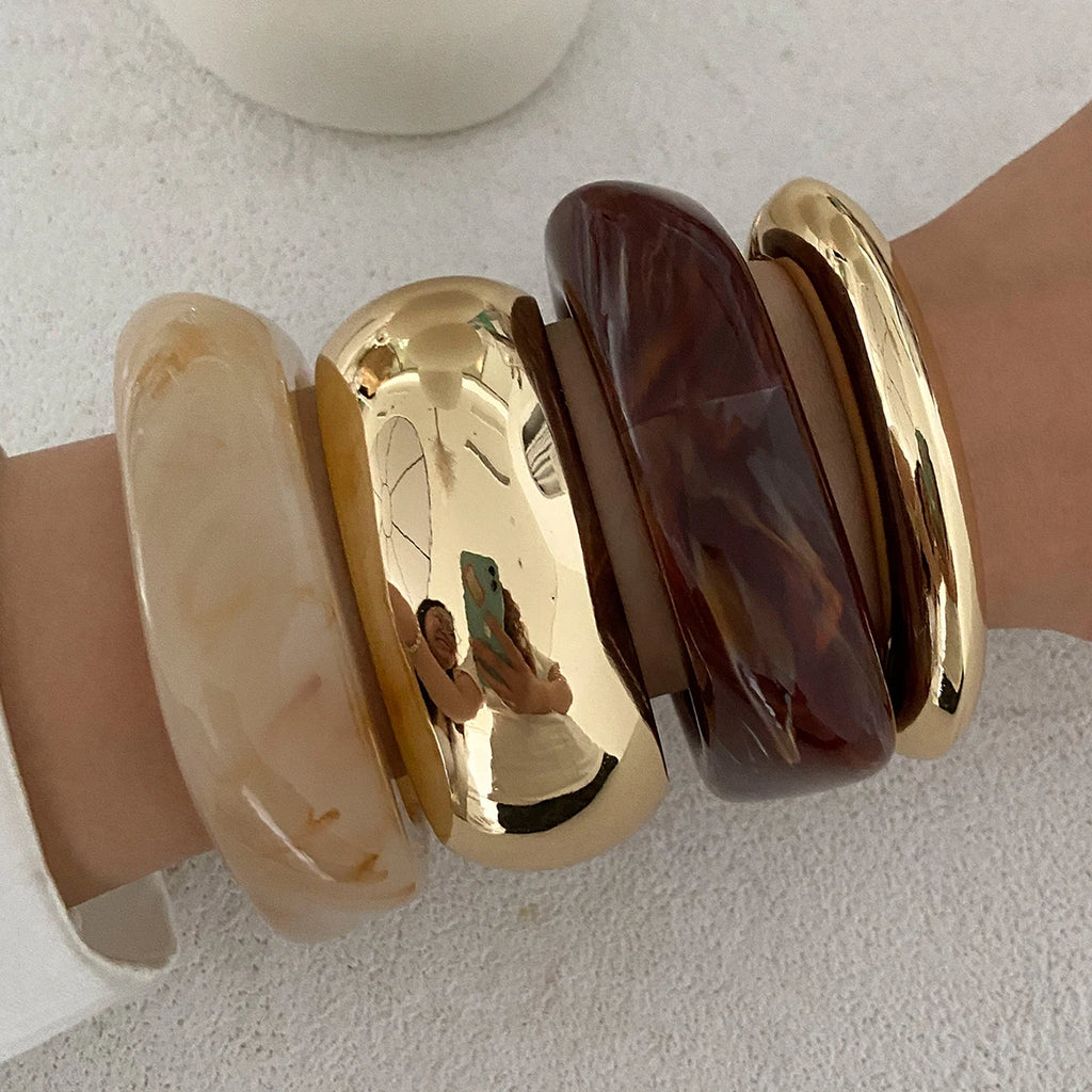 SHIXIN Vintage Brown Coffee Acrylic Resin Chunky Bangle Bracelet for Women Punk Metal Irregular Spring Open Bangle Men Jewelry