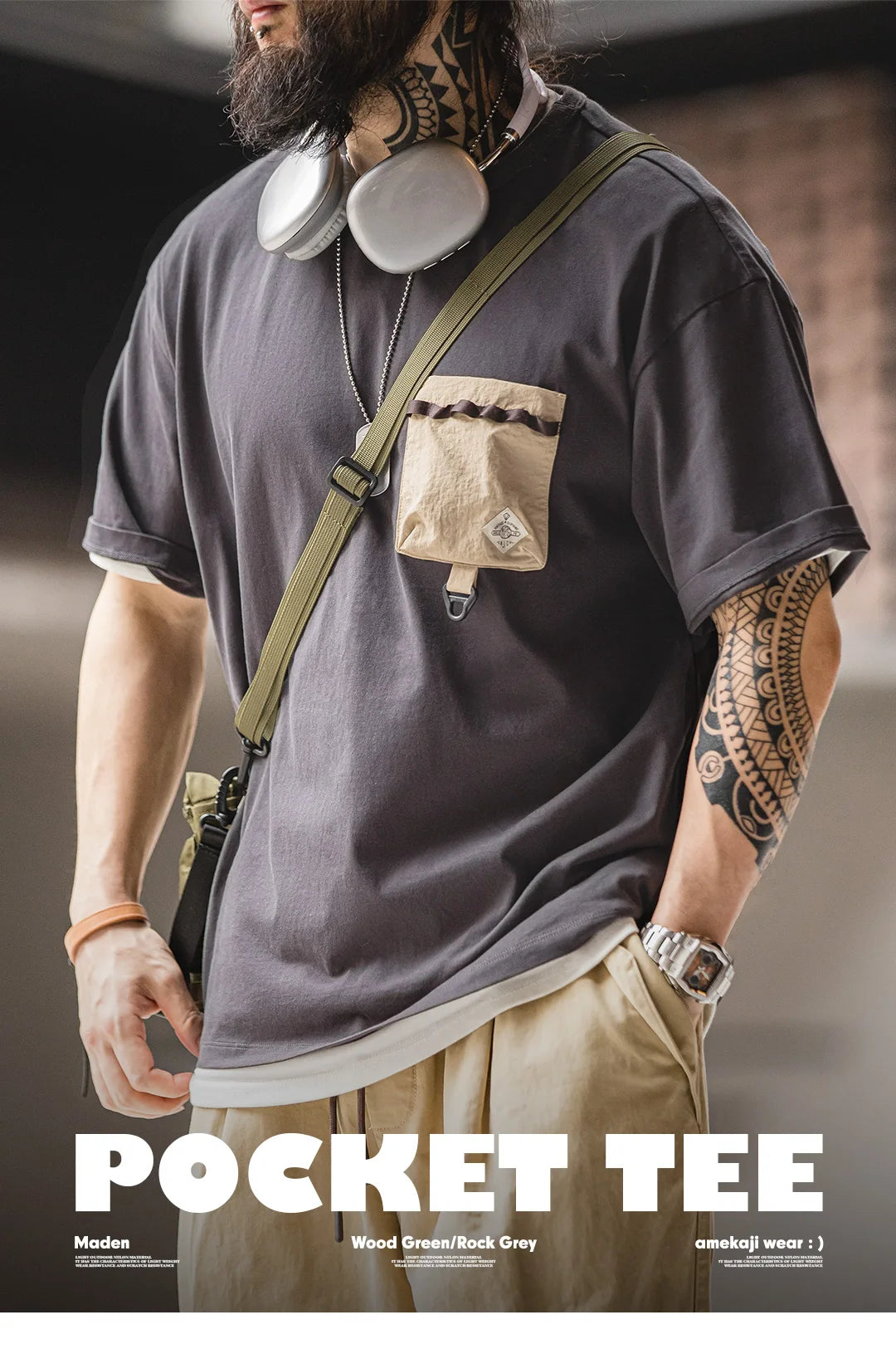 Maden Casual Outdoor Spliced Pocket Short Sleeve T-Shirt Men's Summer Loose Fit Breathable Round Neck Tee Comfortable Street Top