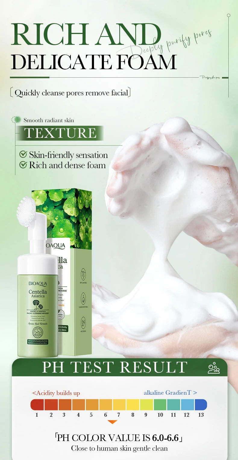 BIOAQUA Centella Asiatica Facial Mousse with Brush Deep Cleansing Pores Remove Cosmetic Residue Oil Control Gentle Face Cleanser