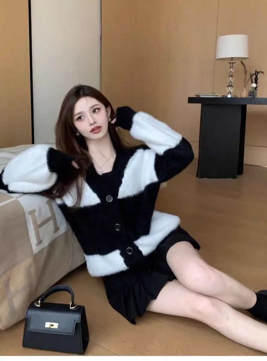 Women Mink Fur Knitted Cardigans Sweaters Autumn Winter Loose Sweet Fashion Stripe Lantern Sleeve Thicken Contrast Color Coats