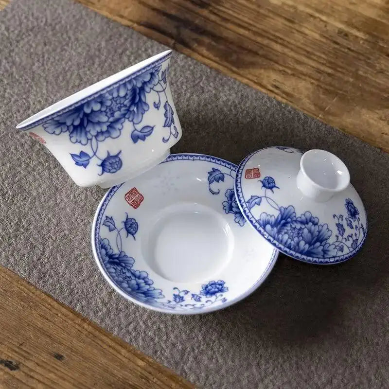 Blue and White Porcelain Gaiwan Tea Cup Large White Porcelain Ningxia Eight Treasures Tea Bowl Set Three Talents Tea Bowl Tea