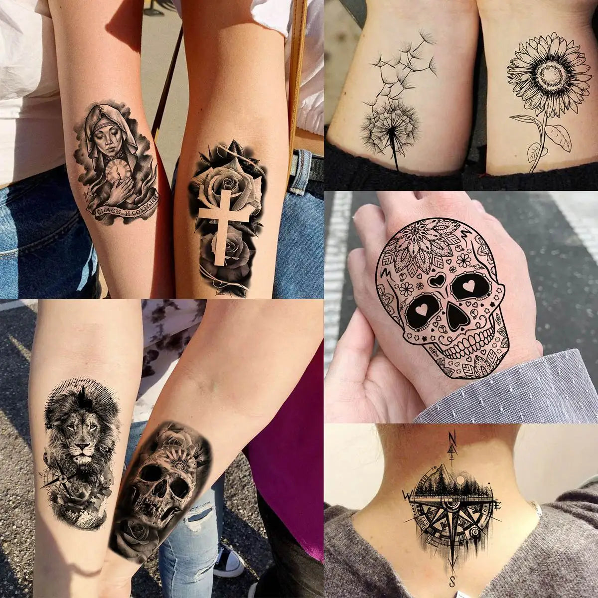 67 Sheets Black Realistic Flower Temporary Tattoos For Women Arm Thigh, 3D Rose Peony Floral Temp Tattoo Stickers Tiger Moon,