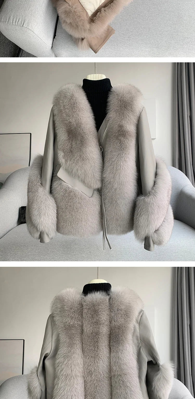 OFTBUY 2022 Real Fur Coat Winter Jacket Women Natural Fox Fur Genuine Leather Outerwear  Streetwear Locomotive Thick Warm New
