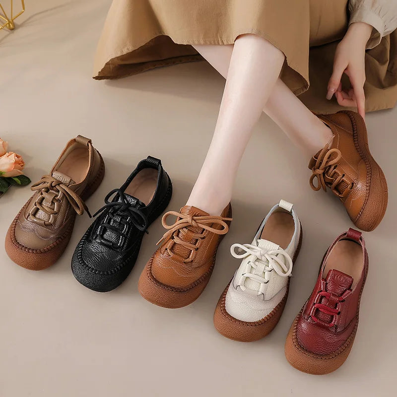 New real leather handmade shoes for women all season oxfords flats woman laced up moccasins cozy mom boat shoes round toe flats