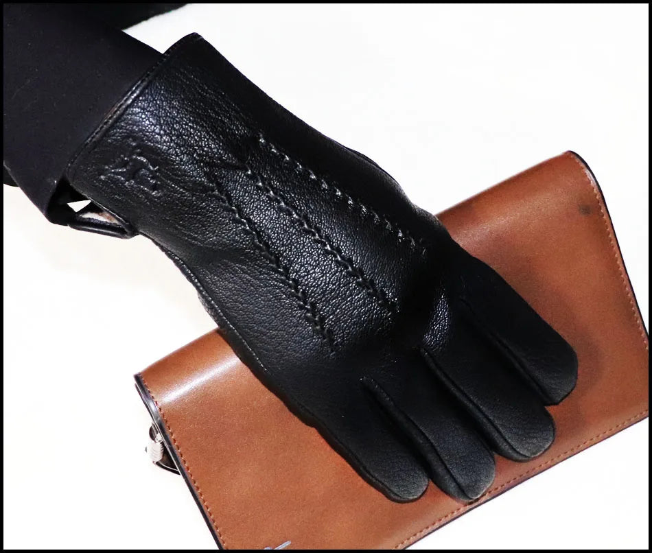 Men's and Women's High-end Buckskin Goat Leather Gloves Autumn and Winter Thin Warm Knitted Wool Lining Driving Leather Gloves