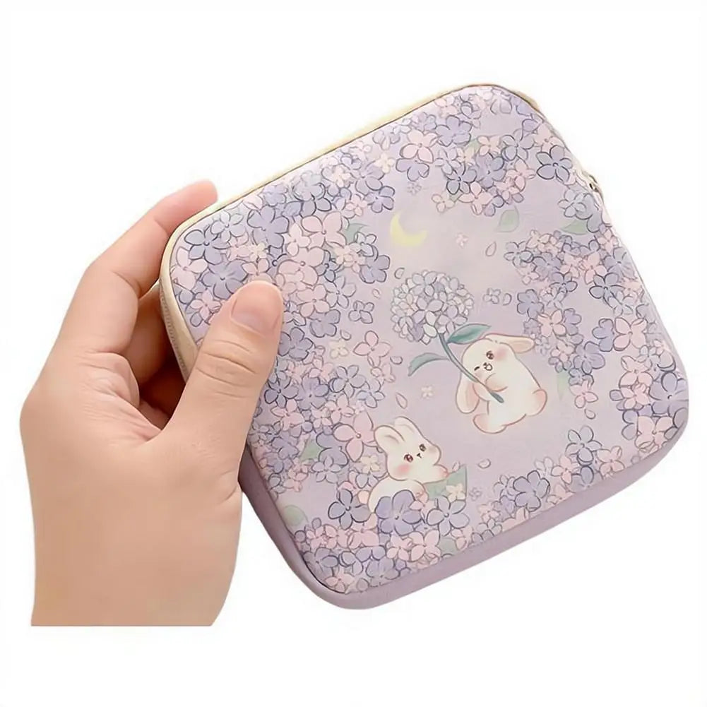 Cute Rabbit Floral Storage Bag, Mini Sanitary Napkin Organizer,Portable Cosmetic Pouch for Women,Data Cables Coin Purse Bag