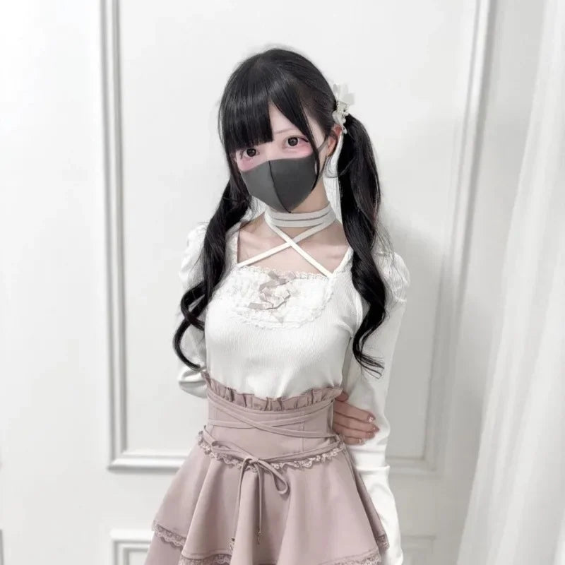 Autumn Lolita Pullover Women T-Shirts Subculture Vintage Fake Two Tops Sweet Kawaii Cute Bow Slim Fit Elegant Tees Woman Clothes