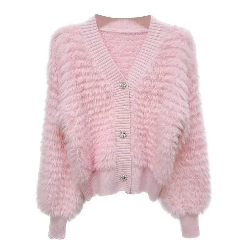 Fake Mink Cashmere Sweater Coat Women Autumn/winter Pink Knitted Cardigan Jacket V-neck Long Sleeve Thickene Loose Knitwear Tops