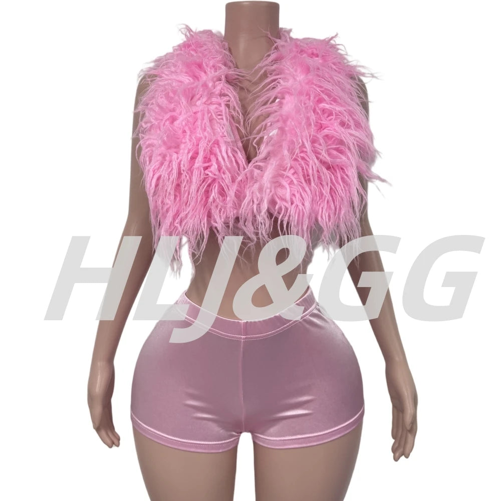 HLJ&GG Fashion Y2K Fur Hollow Out Streetwear Women Sleeveless Slim Crop Top And Shorts Outfits Female Trend 2pcs Outfits 2025