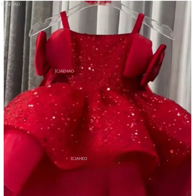 New Children Girls Red Sequin Party Dress Puffy Tulle Princess Gown for Kids Birthday Christmas Celebration Pageant Formal Wear