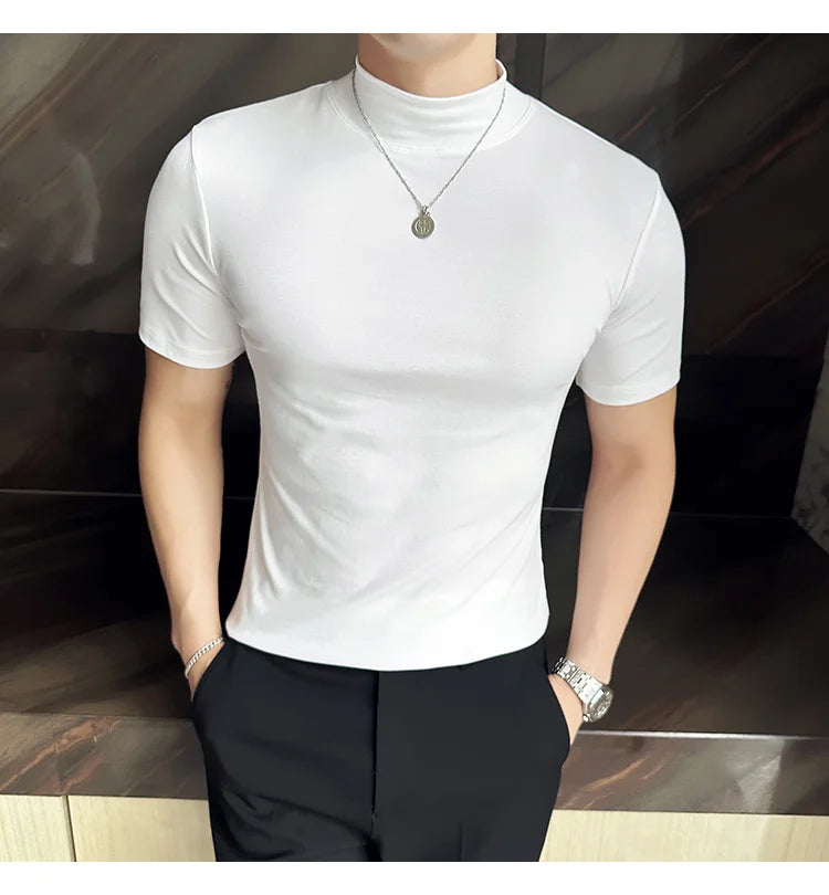 Spring Summer Men's Half High Neck Short Sleeve T-shirt Korean Slim Fit Solid Color Bottom Shirt Casual Cotton Elastic T-shirts