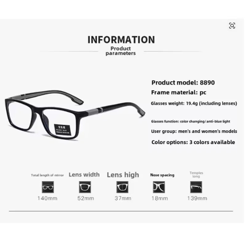 Fashion Photochromic Reading Glasses for Men Presbyopia Hyperopia Sports Glasses Anti Blue Light Glasses +100 +150 +200 +250