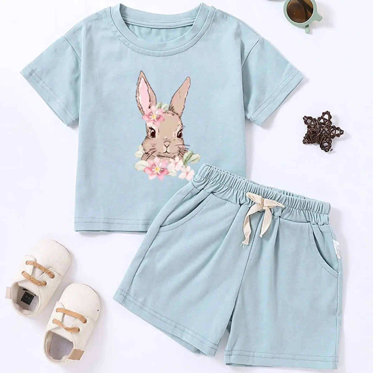 Hot Selling Children's Printed Summer Set Cute Rabbit Baby Boy And Girl Summer Clothing Children's Pure Cotton T-shirt Set